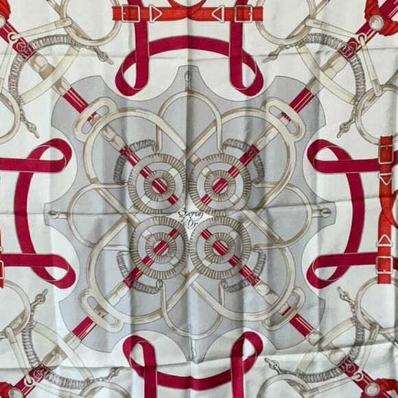 HERMES Carre "Eperon d’or" Silk Gray White Red 100% Silk Scarf 90cm Square - Picture 7 of 16